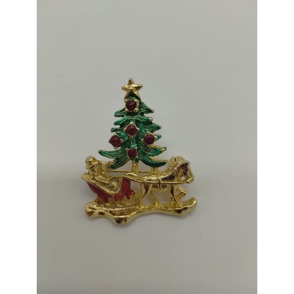 Vintage Christmas Brooch Pin Horse Drawn Sleigh Tree Rhinestones Gold Tone